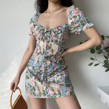 Load image into Gallery viewer, Summer Floral Print Drawstring Square Neck Puff Sleeve Dress women Blue green Elegant Bodycon Beach Boho Light sexy mini Dresses