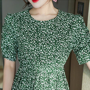Summer Floral Print Dress Women Short Sleeve High Waist Female Casual Style Party Robe 2021 New Sundress Fashion Pleated Vestido