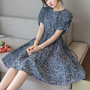 Summer Floral Print Dress Women Short Sleeve High Waist Female Casual Style Party Robe 2021 New Sundress Fashion Pleated Vestido