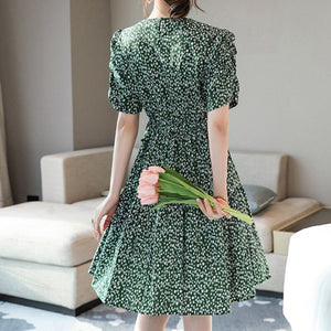 Summer Floral Print Dress Women Short Sleeve High Waist Female Casual Style Party Robe 2021 New Sundress Fashion Pleated Vestido