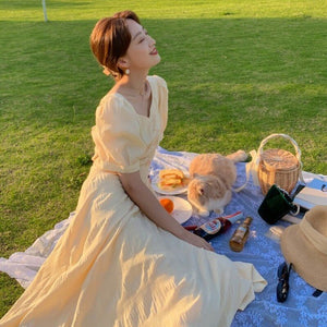 Summer French Elegant Dresses Women Sweet Solid Backless Vintage Dresses Casual V-neck Short Sleeve Party Fairy Dress 2021 New