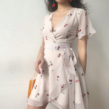 Load image into Gallery viewer, Summer French Flower Cherry Print Ruffled White Dress Women Lace Cross Lacing Up Elegant Bow Sexy Mini Girl Sundress Wrap Robe