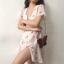 Load image into Gallery viewer, Summer French Flower Cherry Print Ruffled White Dress Women Lace Cross Lacing Up Elegant Bow Sexy Mini Girl Sundress Wrap Robe