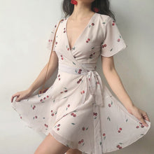 Load image into Gallery viewer, Summer French Flower Cherry Print Ruffled White Dress Women Lace Cross Lacing Up Elegant Bow Sexy Mini Girl Sundress Wrap Robe