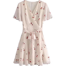Load image into Gallery viewer, Summer French Flower Cherry Print Ruffled White Dress Women Lace Cross Lacing Up Elegant Bow Sexy Mini Girl Sundress Wrap Robe