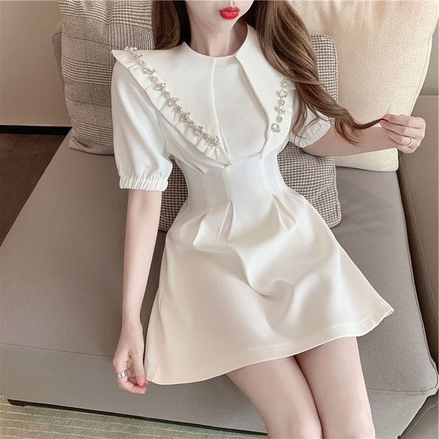 Summer French Peter pan Collar Short-sleeved Dress women 2022  new slim waist Elegant Party dresses office casual Ladies Dress