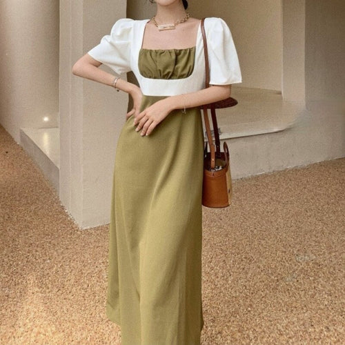 Summer French Vintage Dress for Women 2021 Patchwork Korean Casual Elegant Party Dress Short Sleeve Chic Slim Sweet Long Dress