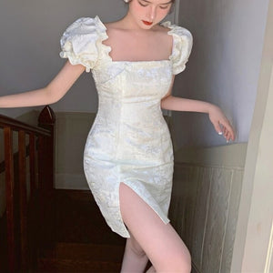 Summer French Vintage Dresses Women Elegant Backless Sexy Split Mini Dress Casual Korean Designer Sweet Solid Party Dress 2021