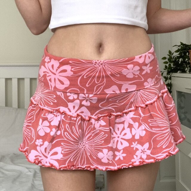 Summer Girls Floral Print Mini Skirt Female 2021 Fashion All-match Skinny Pink Sexy High Waist Cute Women's Streetwear Skirts