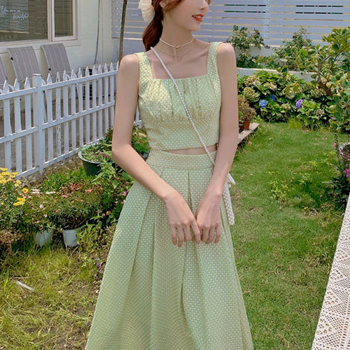 Summer Green Srtap Blouse Long Skirt Two Piece Set for Women Elegant Holiday Casual Suit Mini Kawaii Blouse A-Line Sweet Skirt