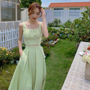 Summer Green Srtap Blouse Long Skirt Two Piece Set for Women Elegant Holiday Casual Suit Mini Kawaii Blouse A-Line Sweet Skirt