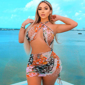 Summer Halter Sexy Bodycon Floral Dress Women Backless Hollow Club Party Mini Dresses Bandage Beach Wear 2021 Vestidos Outfits