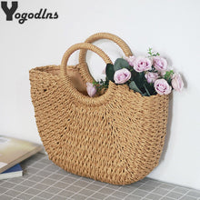 Load image into Gallery viewer, Summer Handmade Bags for Women Beach Weaving Ladies Straw Bag Wrapped Beach Bag Moon shaped Top Handle Handbags Totes
