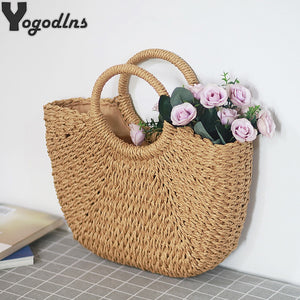 Summer Handmade Bags for Women Beach Weaving Ladies Straw Bag Wrapped Beach Bag Moon shaped Top Handle Handbags Totes