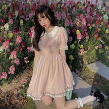 Load image into Gallery viewer, Summer Japanese Cute Doll Collar Bow Tie Waist Short-sleeved Dress Pink Lace Princess Short Skirt Dress Suit