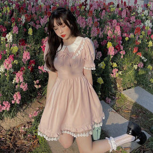 Summer Japanese Cute Doll Collar Bow Tie Waist Short-sleeved Dress Pink Lace Princess Short Skirt Dress Suit
