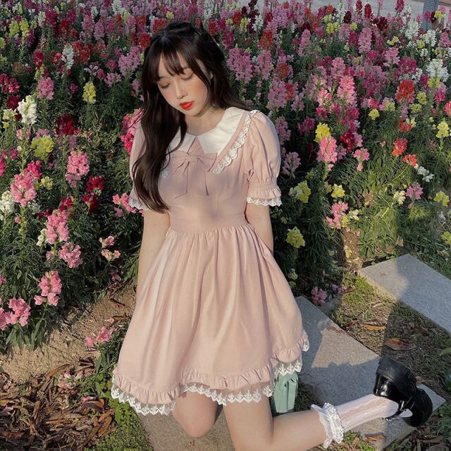 Summer Japanese Cute Doll Collar Bow Tie Waist Short-sleeved Dress Pink Lace Princess Short Skirt Dress Suit