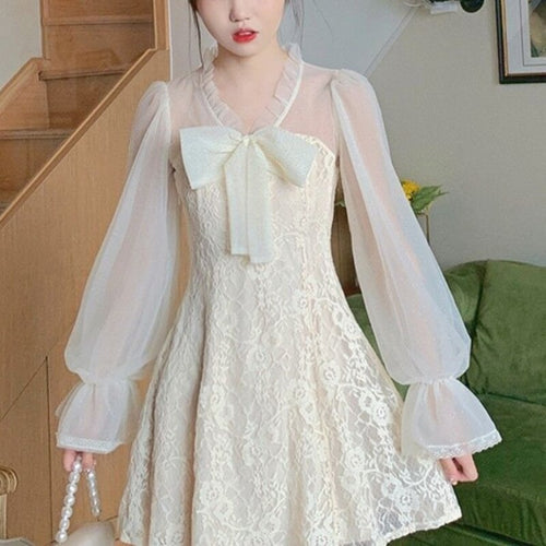 Summer Kawaii Elegant Dress Women Korean Solid Designer Lace Princess Sweet Dress Casual Puff Sleeve Vintage Party Dress 2021