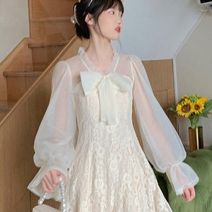 Summer Kawaii Elegant Dress Women Korean Solid Designer Lace Princess Sweet Dress Casual Puff Sleeve Vintage Party Dress 2021