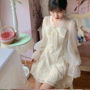 Summer Kawaii Elegant Dress Women Korean Solid Designer Lace Princess Sweet Dress Casual Puff Sleeve Vintage Party Dress 2021