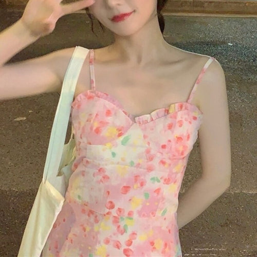 Summer Kawaii Floral Print Dress Women Elegant Sweet Sexy Style Party Strap Dress Female High Street Korean Beach Dress 2021 New