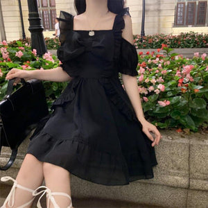 Summer Kawaii Gothic Dress Women Vintage Fungus Sweet French Hepburn Dress Female Korean Casual Elegant Black Party Dress 2021