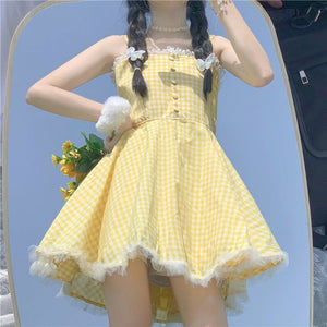 Summer Kawaii Lolita Strap Dress Women Patchwork Lace Japanese Sweet Cute Mini Dresses Yellow Plaid Fairy Tale Casual Dress 2021