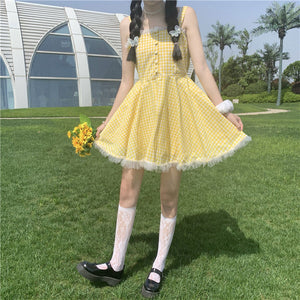 Summer Kawaii Lolita Strap Dress Women Patchwork Lace Japanese Sweet Cute Mini Dresses Yellow Plaid Fairy Tale Casual Dress 2021