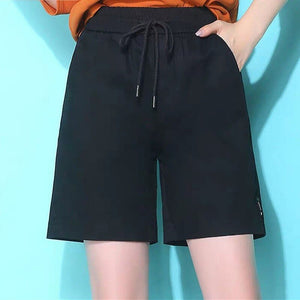 Summer Knee-length Elastic-waist Lace-up Shorts Women Casual Solid Large-size 5XL Cotton Korean Loose Womens Shorts Pockets