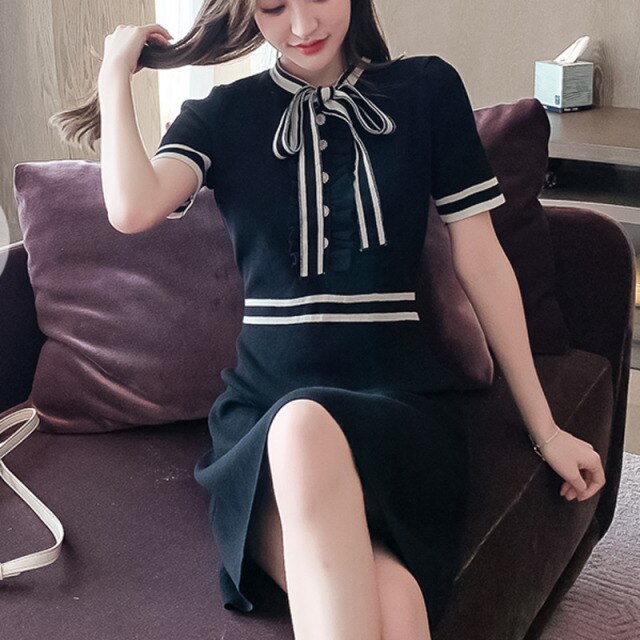 Summer Knitted Robe Bow Tie Stripe Buttons Vintage Party Mini Dresses Women OL Black White Elegant Chic Vestidos De Mujer Casual