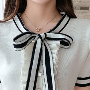 Summer Knitted Robe Bow Tie Stripe Buttons Vintage Party Mini Dresses Women OL Black White Elegant Chic Vestidos De Mujer Casual
