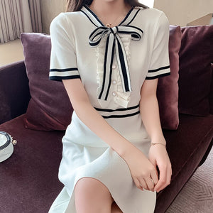 Summer Knitted Robe Bow Tie Stripe Buttons Vintage Party Mini Dresses Women OL Black White Elegant Chic Vestidos De Mujer Casual