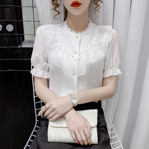 Summer Korean Chiffon Women Shirts Women Short Sleeve Shirts Office Lady Shirt Tops Plus Size Woman White Shirt  Woman Blouses