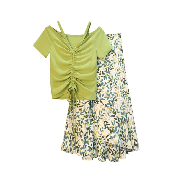 Summer Korean Fashion Sexy strapless T-shirt Skirt Set Women Graceful Print Dress Streetwear Casual Sweet Clothing Wholesale big