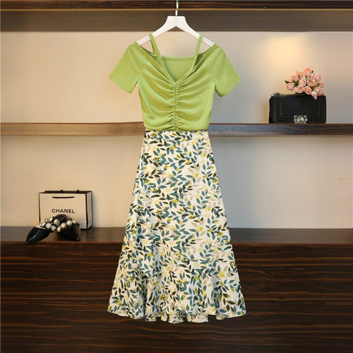 Summer Korean Fashion Sexy strapless T-shirt Skirt Set Women Graceful Print Dress Streetwear Casual Sweet Clothing Wholesale big