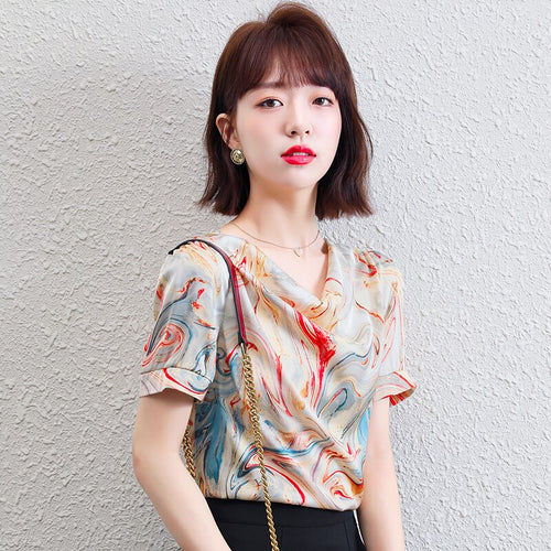 Summer Korean Fashion Silk T-shirts for Women Vintage Satin Tops for Women Short Sleeves Plus Size XXXL White Office Lady Shirts