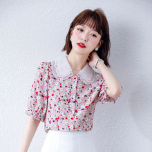 Load image into Gallery viewer, Summer Korean Fashion Silk Woman Shirts Floral Satin Office Lady Short Sleeve Buttoned Shirt Plus Size Ladies Tops Lace Blouse