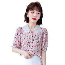 Load image into Gallery viewer, Summer Korean Fashion Silk Woman Shirts Floral Satin Office Lady Short Sleeve Buttoned Shirt Plus Size Ladies Tops Lace Blouse