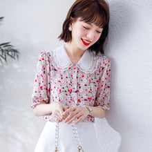 Load image into Gallery viewer, Summer Korean Fashion Silk Woman Shirts Floral Satin Office Lady Short Sleeve Buttoned Shirt Plus Size Ladies Tops Lace Blouse