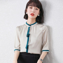 Load image into Gallery viewer, Summer Korean Fashion Silk Woman Shirts Satin Office Lady Short Sleeve Buttoned Shirt Plus Size Ladies Tops Blouse