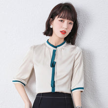 Load image into Gallery viewer, Summer Korean Fashion Silk Woman Shirts Satin Office Lady Short Sleeve Buttoned Shirt Plus Size Ladies Tops Blouse