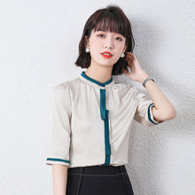 Load image into Gallery viewer, Summer Korean Fashion Silk Woman Shirts Satin Office Lady Short Sleeve Buttoned Shirt Plus Size Ladies Tops Blouse