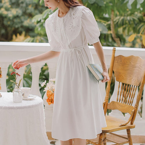 Summer Korean Fashion Sundress Long Dress Elegant A Line Slim Waist Loose Clothes Dresses Women Sweet Peter Pan Collar Vestidos
