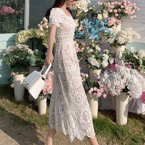 Summer Lace Dress Women High Quality Hollow Out Short Sleeve Elegant Ruffles Floral Party Beach Ladies Dresses Vestido De Mujer
