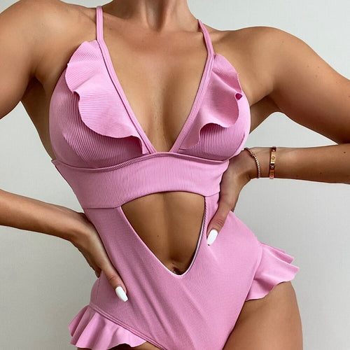 Summer Ladies Bikini Ruffled Swimsuit  Women Solid Color Monokini Lace Splicing V-neck Sleeveless Backless Hollow Swimwear