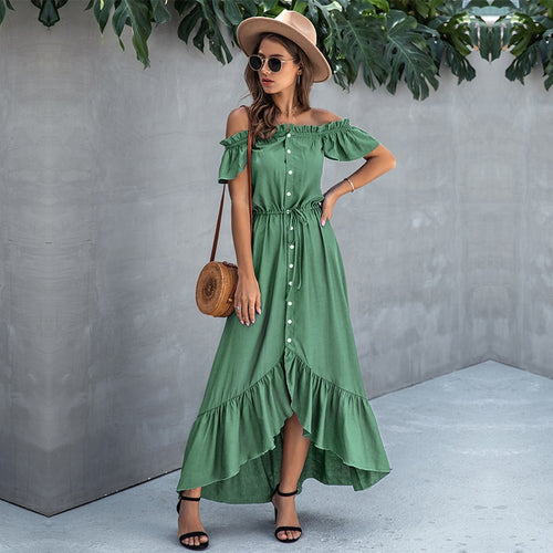 Summer Ladies Elegant Solid Off The Shoulder Dress Women 2021 New Casual Slash Neck Short Single Breasted Irregular Long Dress