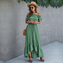 Load image into Gallery viewer, Summer Ladies Elegant Solid Off The Shoulder Dress Women 2021 New Casual Slash Neck Short Single Breasted Irregular Long Dress