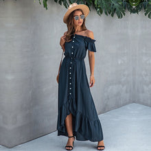 Load image into Gallery viewer, Summer Ladies Elegant Solid Off The Shoulder Dress Women 2021 New Casual Slash Neck Short Single Breasted Irregular Long Dress