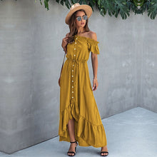 Load image into Gallery viewer, Summer Ladies Elegant Solid Off The Shoulder Dress Women 2021 New Casual Slash Neck Short Single Breasted Irregular Long Dress