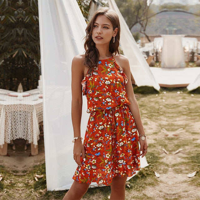 Summer Ladies Slim Halter Print Dress Women Casual Sleeveless Ruffles Above Knee Mini Floral Dress 2021 New